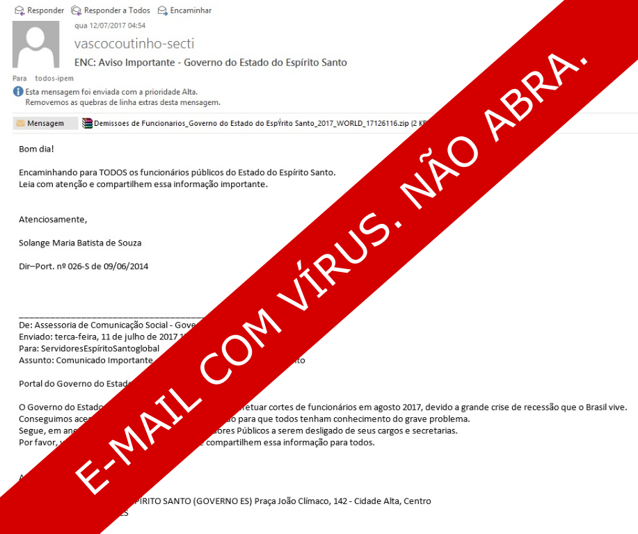SEAMA - Seger alerta sobre e-mail falso com vírus